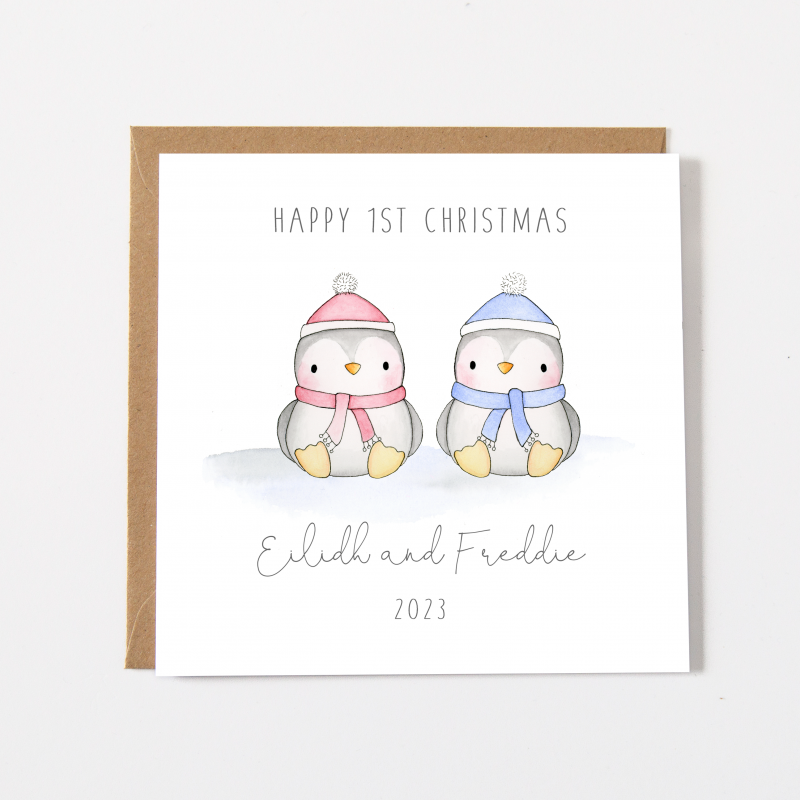 Personalised Twins First Christmas Card - Penguins